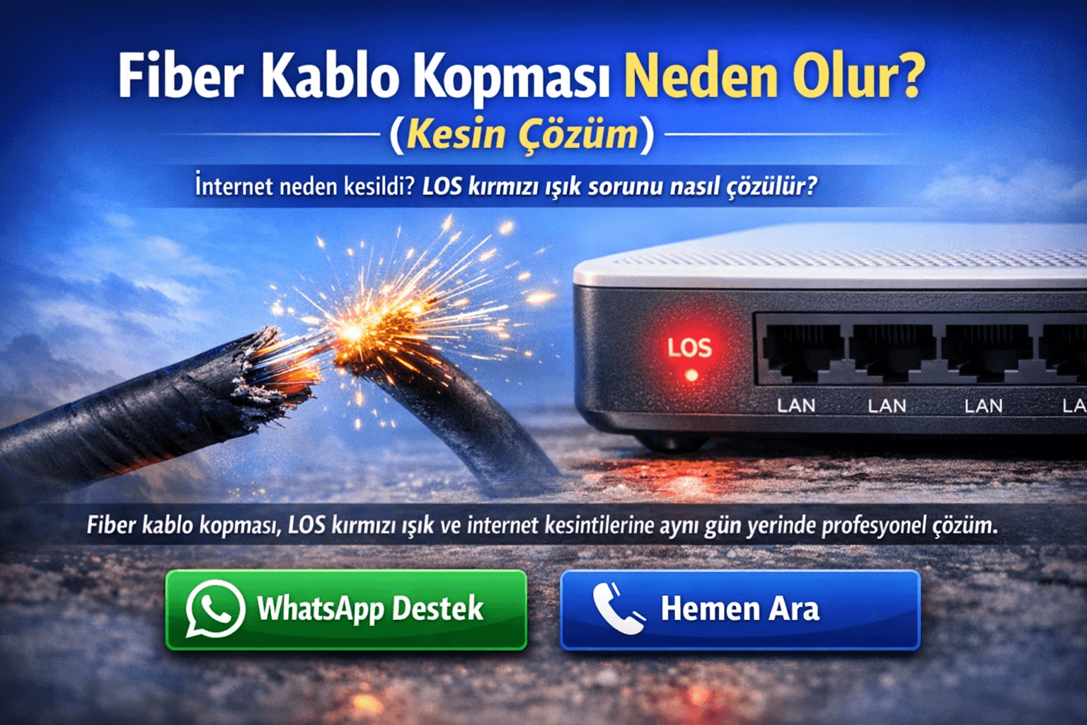 Fiber kablo kopması, internetin tamamen kesilmesine neden olan en kritik arızalardan biridir. ONT cihazında kırmızı LOS ışığı yanıyorsa, fiber hattınızda sinyal kaybı oluşmuştur. Bu durumda profesyonel ekipmanlarla yapılan ölçüm ve fiber ek işlemi ile sorun kalıcı olarak çözülür.