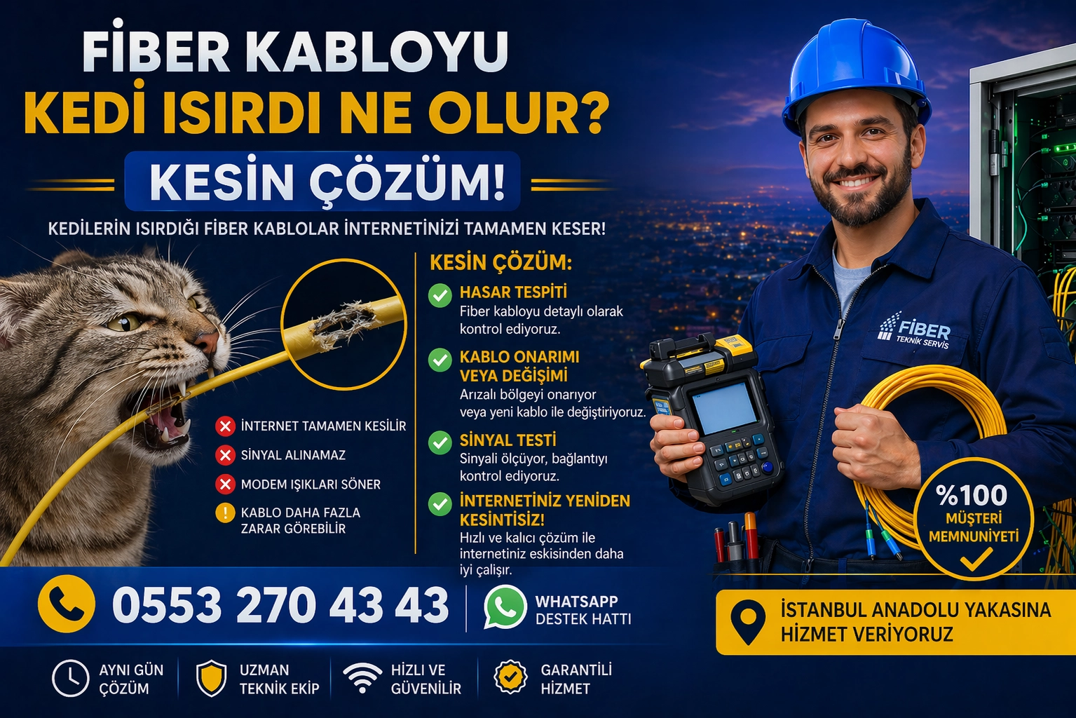 Fiber kabloyu kedi ısırdı, kopan fiber kablo onarımı ve konnektör tamiri teknik servis görseli