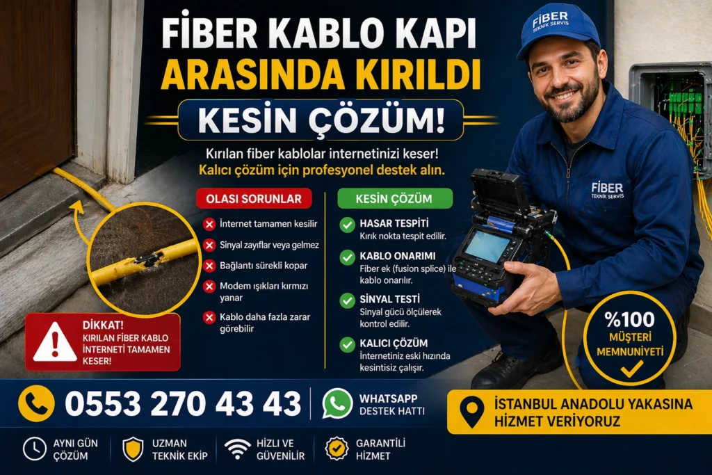 Kapı arasında ezilip kırılan fiber kablo ve onarım işlemi yapan teknik servis görseli
