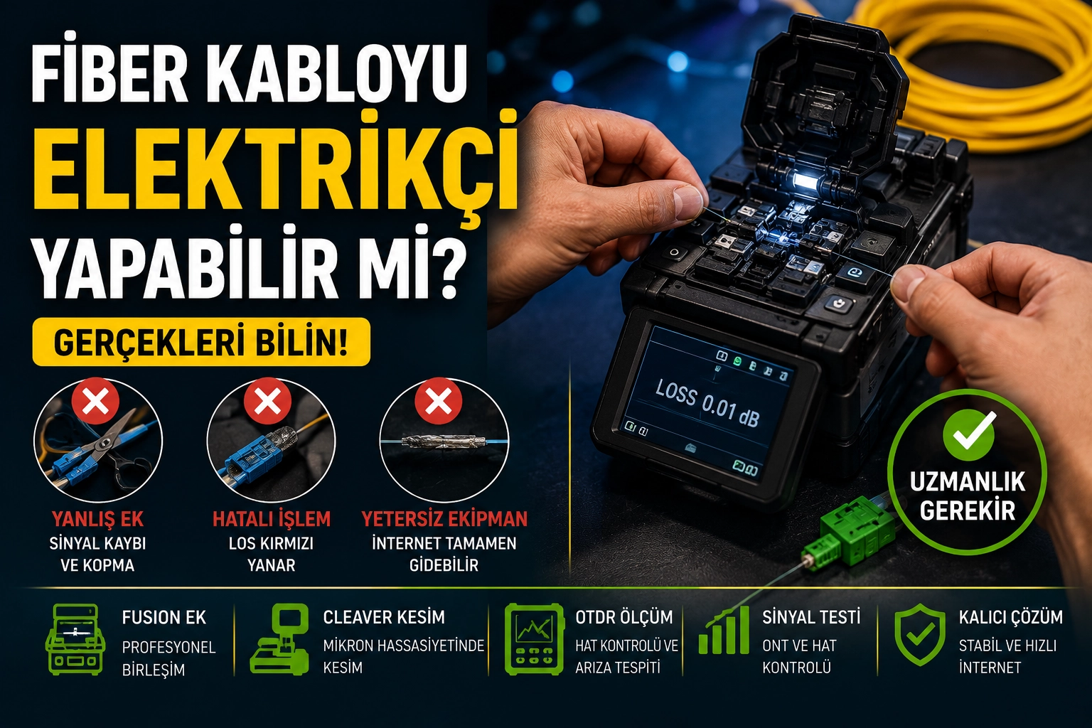 Fiber kablo tamiri için profesyonel ekipman kullanan teknik servis uzmanı