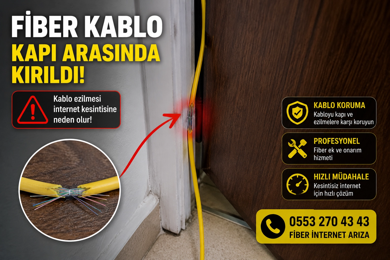 Fiber kablo kapı arasında kırıldı internet bağlantı arızası çözümü