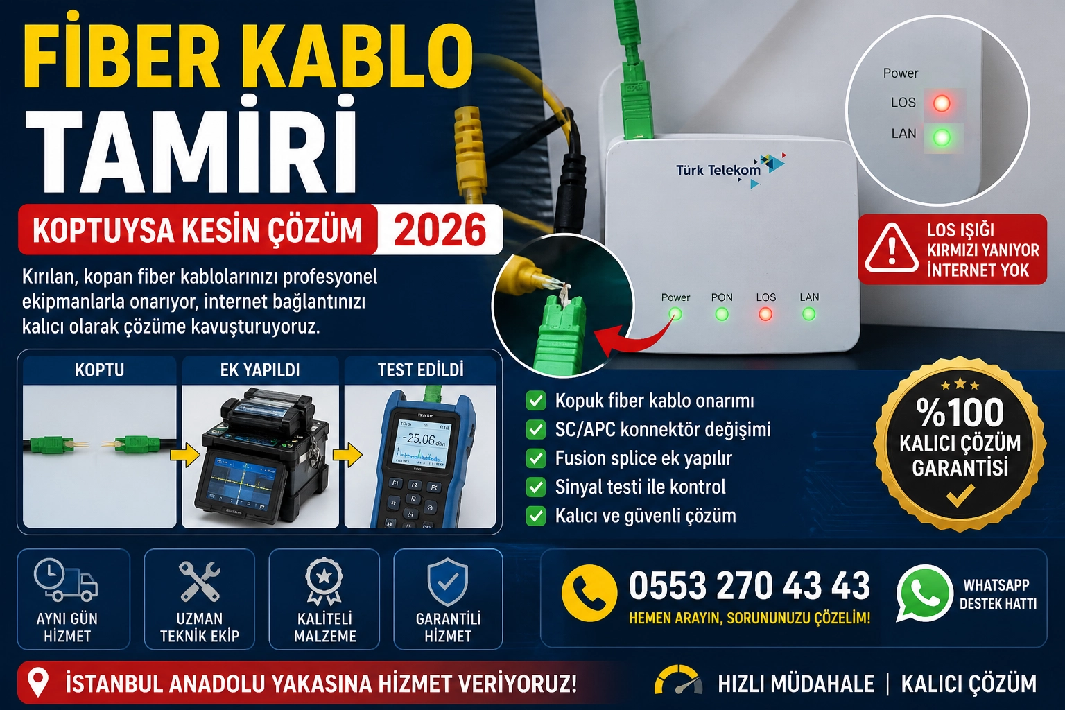 Fiber kablo koptu tamiri SC APC konnektör değişimi ve fusion splice ile kesin çözüm